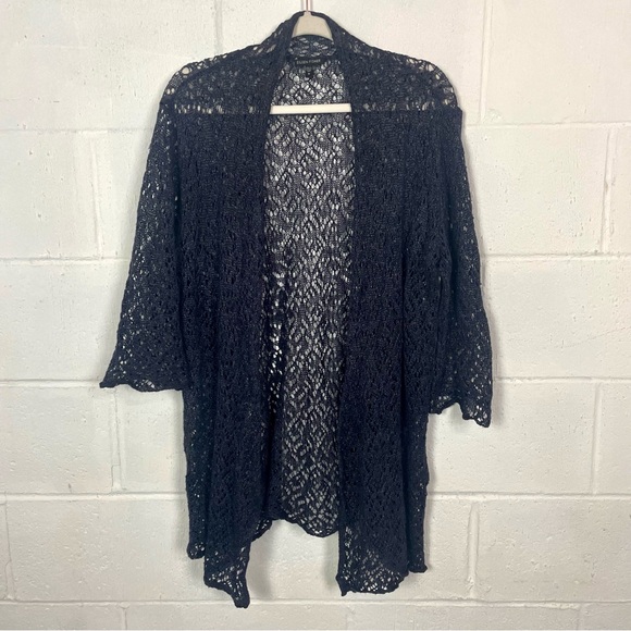 Eileen Fisher Sweaters - Eileen Fisher Open Front Crochet Cardigan‎ Linen Blend Blue Metallic Bohemian M